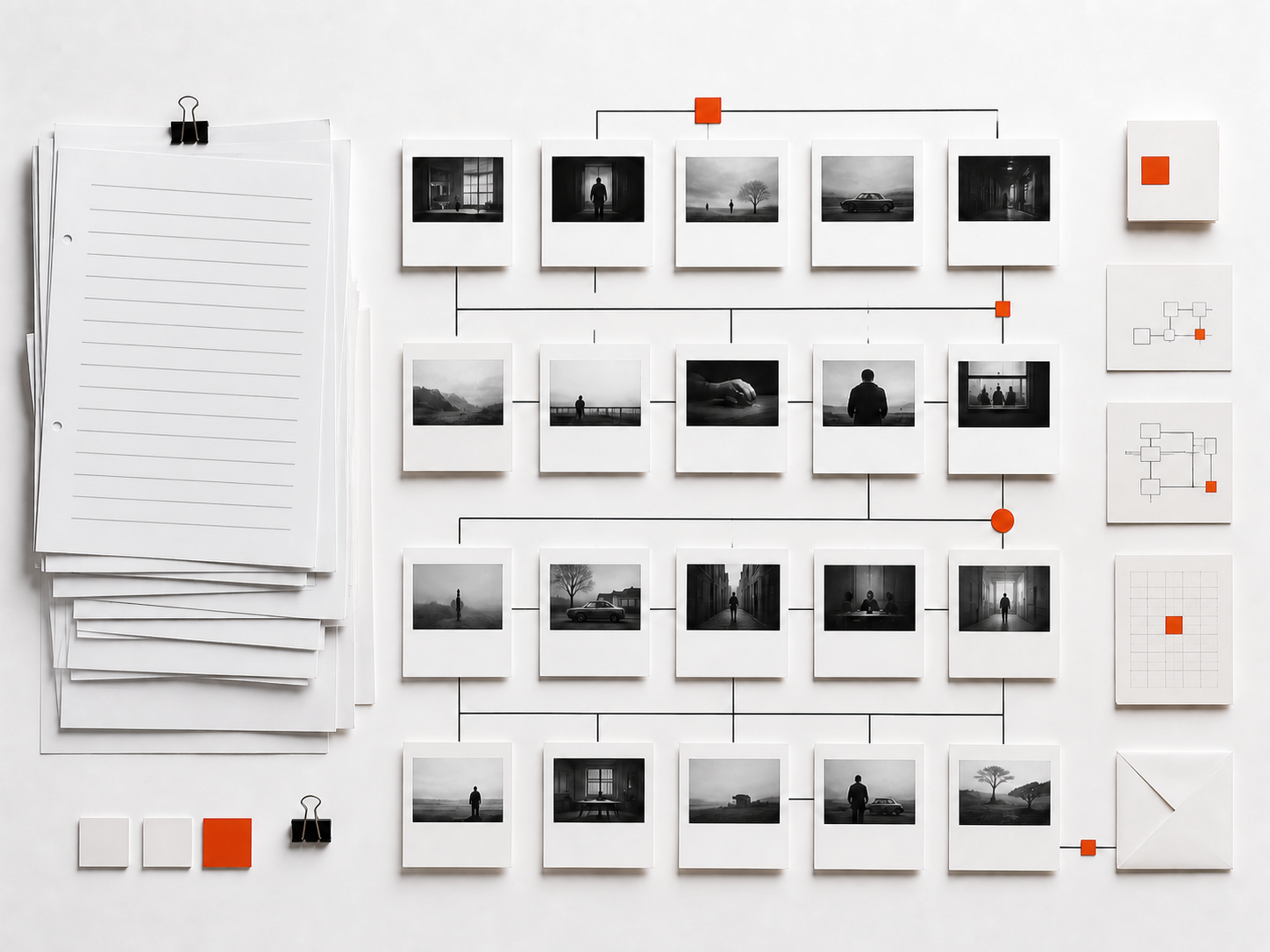 A long draft arranged into a connected scene-by-scene story map