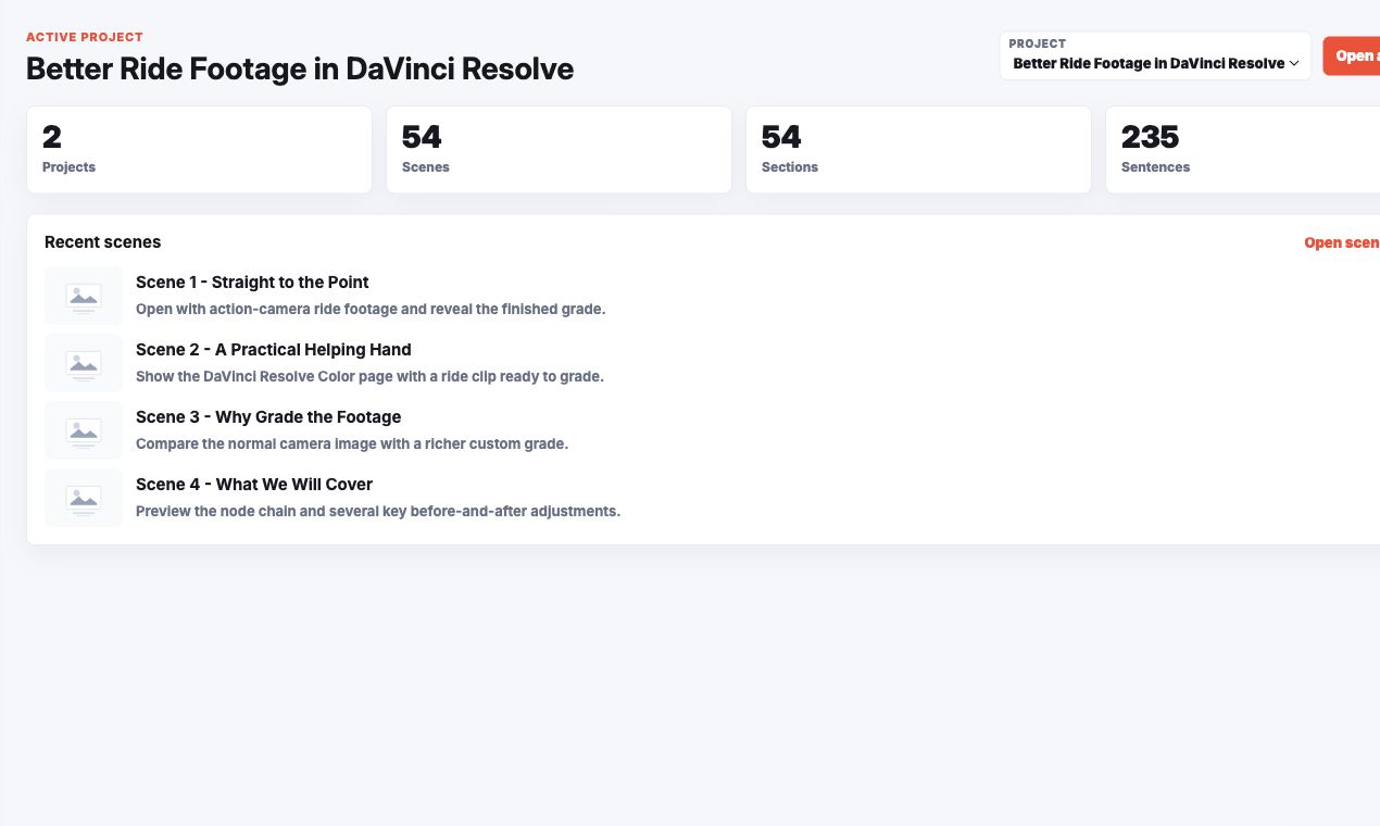StoryMynd project dashboard with scene, section, and sentence metrics