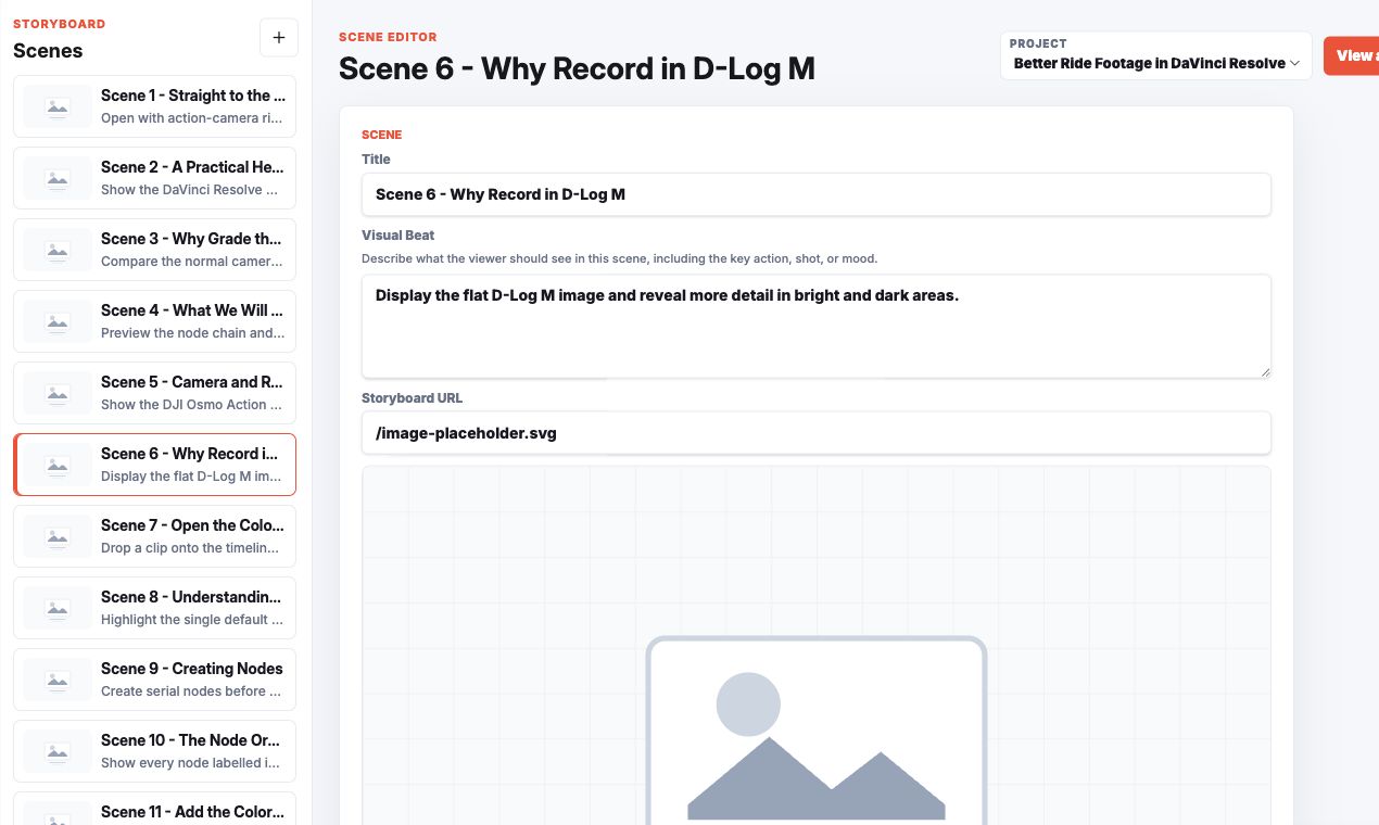StoryMynd scene editor with storyboard navigation and visual beat controls